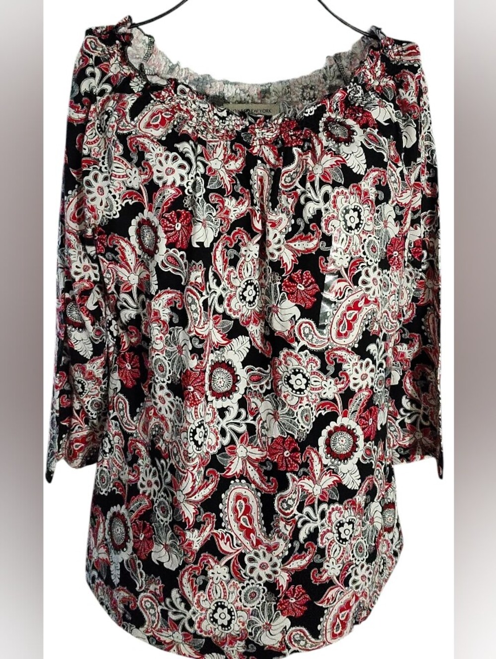 Jones New York Black, Red & White Paisley Off-Shoulder Tunic Size L